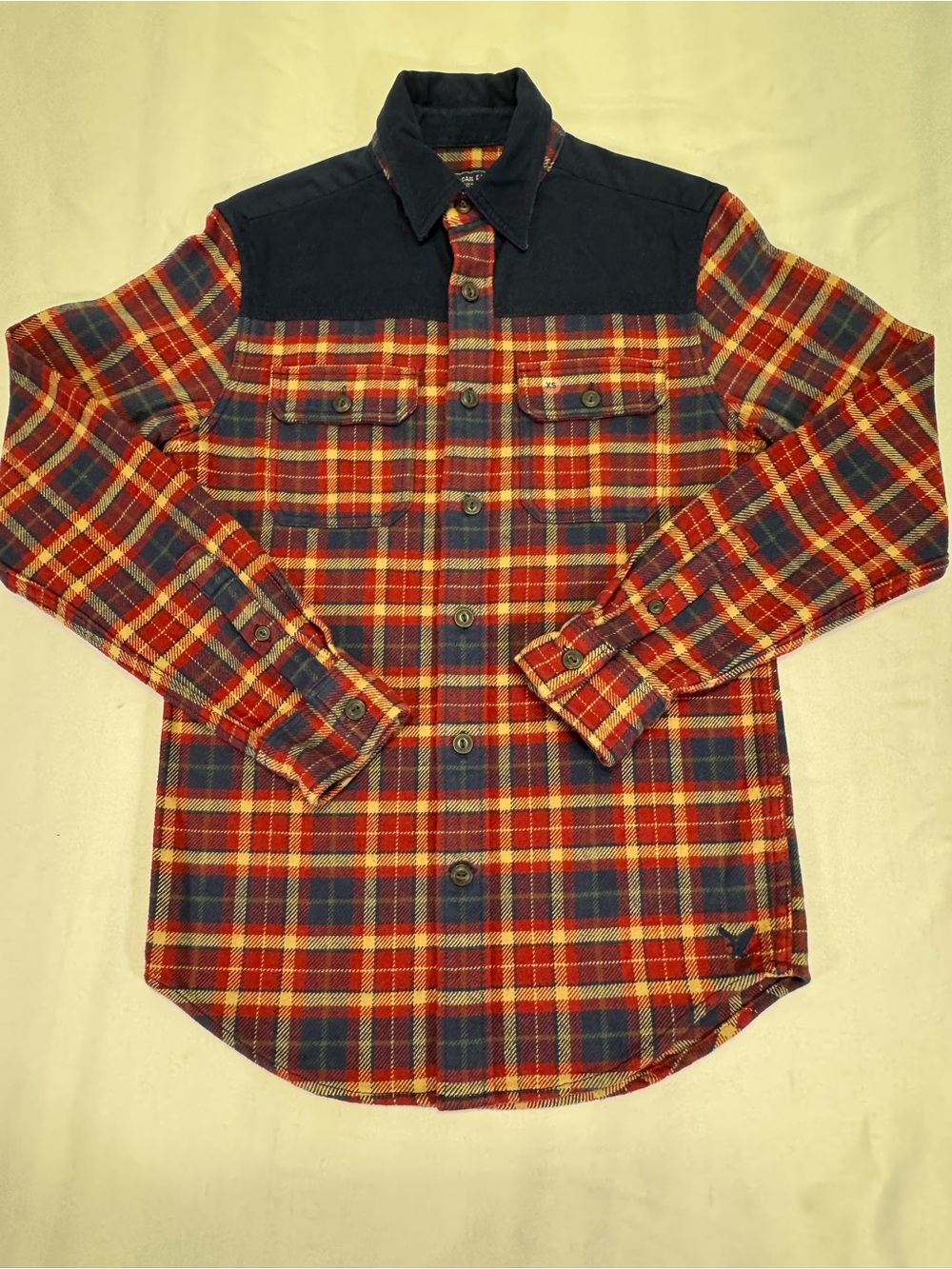 American Eagle Outfitters Red and Navy Plaid Button-Down Shirt
